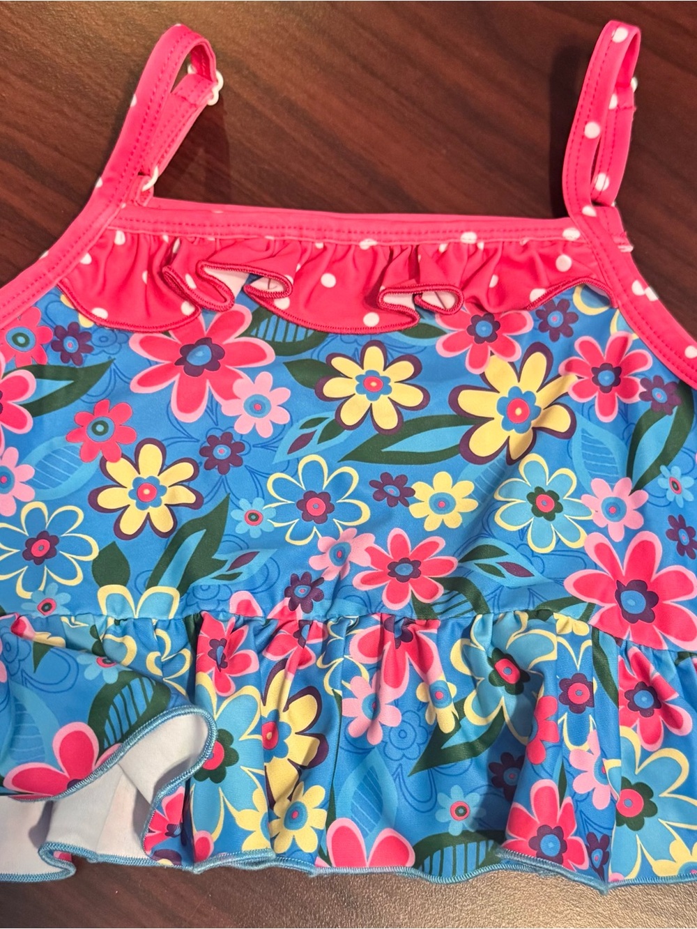 Girls Floral Ruffle Tankini Top - Bright Blue & Pink